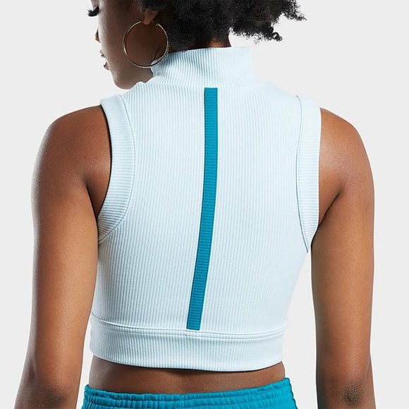 Cardi B x Reebok Ribbed Women's High Neck Underwire Crop Top with Cutout S, Blue - Picture 2 of 5